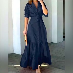 Navy Blue Elegant Ruched Sleeve Ruffle Trim Maxi Dress Button and Belted